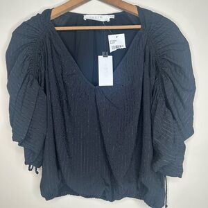 NWT ASTR Black Blouse Lined Ruched Drawstring Puffy Sleeves Elastic Waist Size S